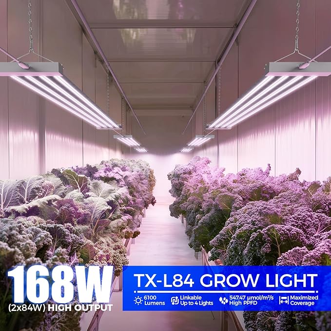Barrina TX-L84 4FT Grow Light, 168W (2 x 84W), 4 LED Panels Wider Coverage, Full Spectrum, High PPFD, Linkable, Hanging Fixture, Plant Stand with Grow Light for Indoor, Seeding, Vegetable, 2 Packs