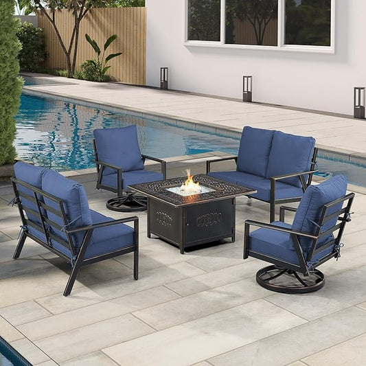 Oakland Living Black Aluminum Patio Fire Table Set with Two Deep Seating Loveseat with Cushions and Two Club Chairs with Blue Cushions