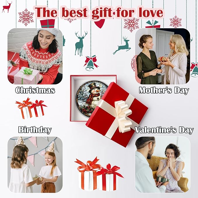 Stained Glass Window Hanging - Christmas Snowman Suncatcher for Door Terrace Garden Home Decor Winter Forest Snow Sun Catcher Birthday Gifts for Lovers Women Men Dad Mom Nana 7.8 in