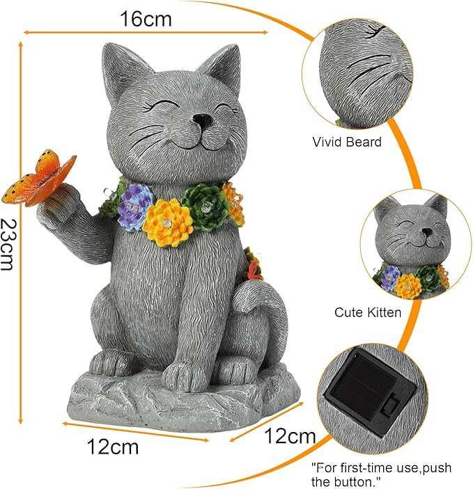 Solar Cat Garden Outdoor Statue - Yard Art with Succulents, 6 LED Lights and 1 Solar Butterfly Decorative Light, Ideal for Gardening Enthusiasts and Cat Lovers, Birthday Gift for Women
