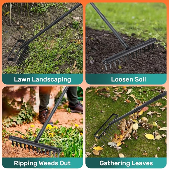 Stirrup Hoe with 76.8" Adjustable Long Handle Hula Hoe Weed Puller Heavy Duty Garden Hoe with 12 Tines Rake 2-in-1 Gardening Tool for Loosening Soil, Gathering Leaves, Weeding