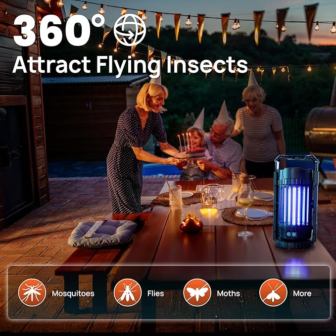 Cordless Outdoor Bug Zapper - Integrated with a 4-in-1 Mode Light, Battery-Powered Rechargeable Mosquito Lamp, Insect Trap, Up to 12 Hours of Battery Life, Black