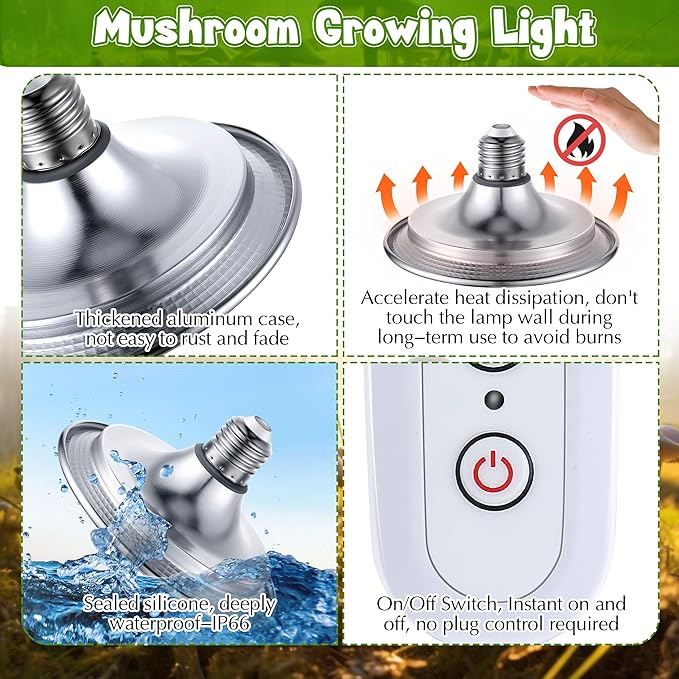 Meonum Mushroom Grow Light with 3/6/9 Hour Timer, 360° LED Hanging Grow Lights Bulb for Mushroom with 6.5ft Extension Cord, 6000K Blue&5000K White Lamp for Indoor Plants Growing Kit Supplies(2 Pack)