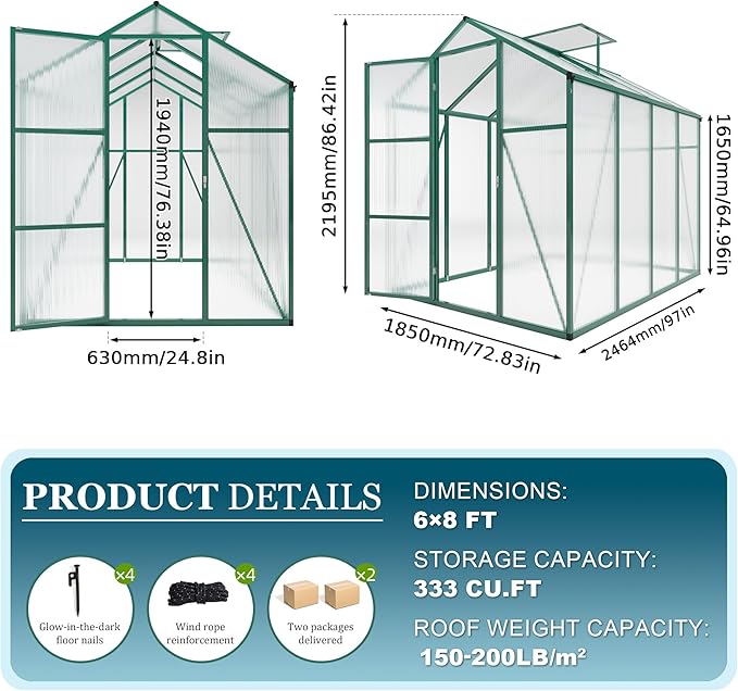 86in High 6*8.2FT Greenhouse for Outdoors, Polycarbonate Greenhouse with Stronger Wind Protection and Roof Vent, Walk-in Large Aluminum Sunroom Winter Proof, Green