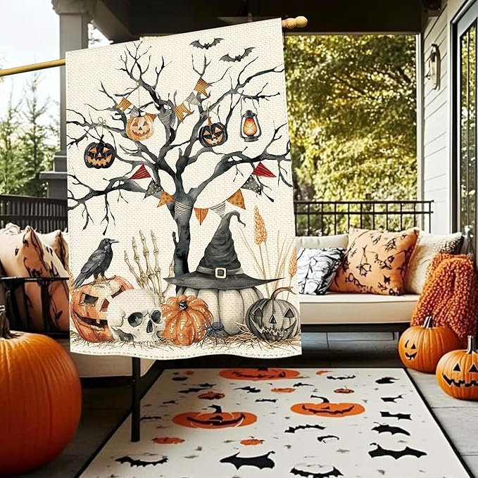 Halloween Black Tree Pumpkin Welcome Garden Flag 28 x 40 Inch Double Sided, Skull Crow Seasonal Burlap Large Yard House Flag Farmhouse Seasonal Holiday Patio Outdoor Outside Decoration