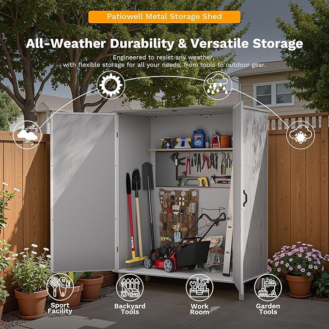 Patiowell Outdoor Storage Shed 5x3 FT, Plastic Garden Organizer Cabinet with Lockable Doors & Strong Roof for Patio Furniture, Pool Accessories, Lawn Tools, Light Grey