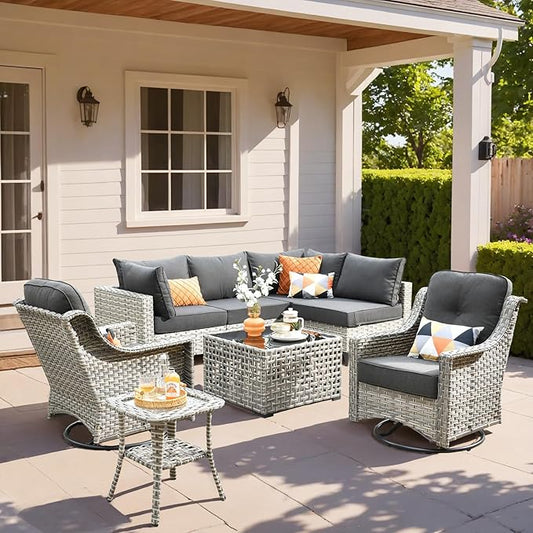 HOOOWOOO Outdoor Patio Furniture Set,8 Pieces Wicker Out Door Sectional Furniture L Shaped Couch,Patio Conversation Sets with Swivel Rocking Chair LED Table,Black