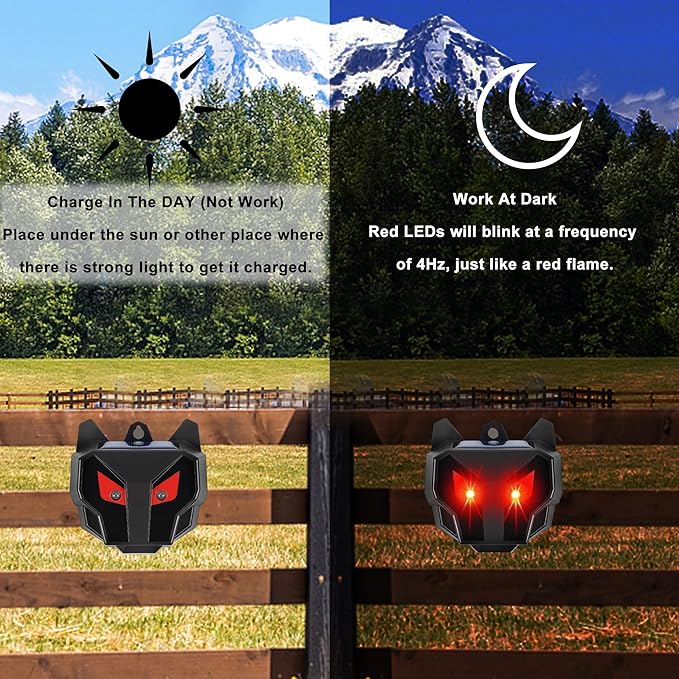 Solar Animal Repellent, Set of 4 Predator Eyes Animal Deterrent Sentinels with Red LED Blinking Lights Drive Away Raccoon, Deer, Skunk, Cat, Coyote from Yard Farm and Chicken Coops
