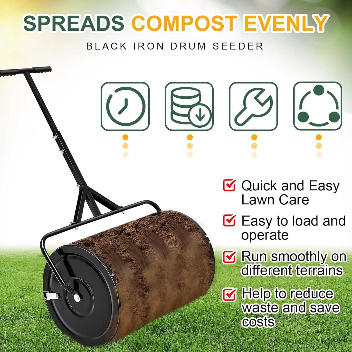 Hiboom 36 Inch Compost Spreader, Peat Moss Spreader, Manure Roller with Adjustable T Shaped Handle, Lightweight Metal Mesh for Lawn Garden Spreading Manure Topsoil (Black)