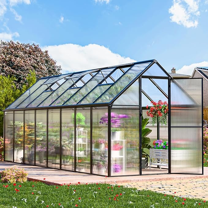 CDCASA 6x16 FT Greenhouse for Outdoors, Large Polycarbonate Greenhouse Aluminum Greenhouses w/Vent Window, Swing Door & Easy Assembly Walk-in Green House for Patio, Backyard, Garden, Black