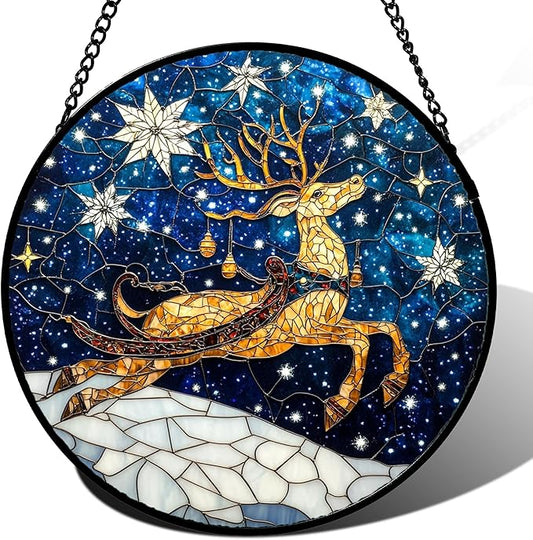 Stained Glass Window Hanging - Reindeer Blue Starry Sky Suncatcher for Doors Home Christmas Decoration Winter Sun Catcher Thanksgiving New Year Birthday Gifts for Women Men Mom Nana 9.8 in