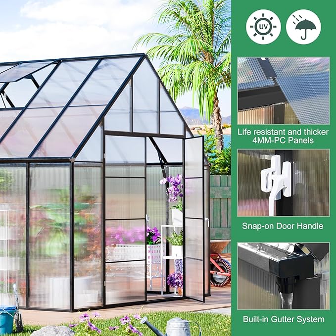 Large Greenhouse, 10x20 FT Easy Assembly Hybrid Polycarbonate Greenhouses for Outdoors w/Vent Windows & Swing Door Walk-in Greenhouses Aluminum Green House for Outside, Black