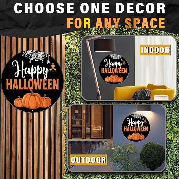 PEACHGARDEN Halloween Pumpkin Metal Tin Sign Vintage Pumpkin Decor Round Welcome Retro Wall Art Gothic Plaque Spooky Home Porch Decorations 12x12inch