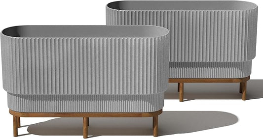 Veradek Demi Series Raised Long Planter for Indoor/Outdoor Use | Made from Plastic & Stone w/Wooden Stand | Modern Patio Décor for Flowers/Shrubs
