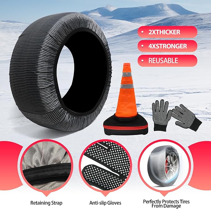 K-Musculo Snow Socks for Tires Traffic Cones, Snow Socks Snow Chain for Car SUV Pickup Easy to Use, Ultimate Grip, Washable.100 KM Safely In The Snow, EU EN-16662-1 Certififed(2 PACKS)-XL