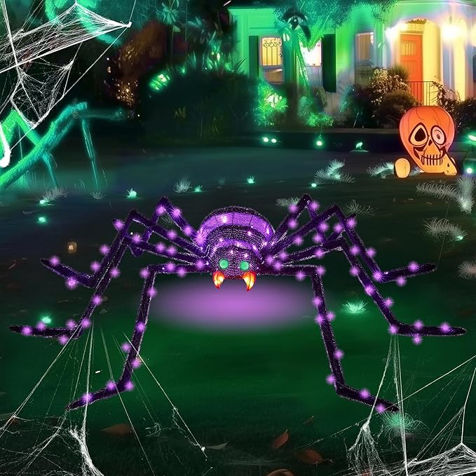 6.8Ft Giant Spider Halloween Decorations Outdoor 82" Light Up Spider with 115 LED Lights for Front Yard, Porch, Garden, Lawn, Halloween Party (Purple)
