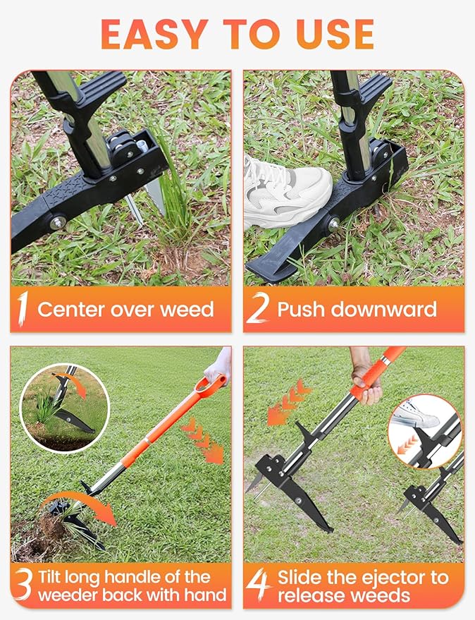 MAKEASY 2-Pack Upgraded Weed Puller Tool Kit with Long Adjustable Handle (39"-47"), Quick Weed-Eject Design, Lightweight Stand-Up Heavy Duty Weed Puller for Lawn, Yard, Garden
