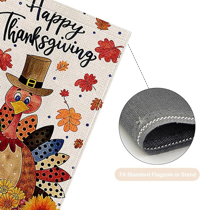 Fall Garden Flag 12 x 18 Inch Double Thanksgiving Sided Cute Turkey Maple Leaves Sunflower Designs Autumn Burlap Yard Flag for Outside Rustic Yard Outdoor Holiday Home Decoration