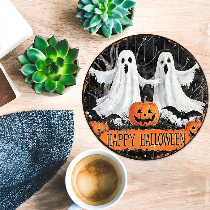 PEACHGARDEN Round Happy Halloween Pumpkin Wreath Vintage Sign Halloween Ghost Metal Tin Sign for Home Bar Kitchen Hotel Dining Room Coffee 12x12inch