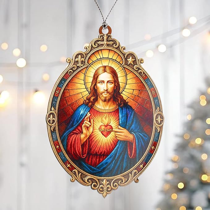 Sacred Heart Jesus Ornament – christian ornament – jesus gifts – religious decor – christmas ornament – Suncatcher effect window hanging – Car Hanging