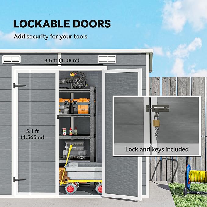 Outsunny 8' x 4' Outdoor Storage Shed, Resin Plastic Shed with Floor, Window, Lockable Doors and Vents, All-Weather Tool Shed for Backyard, Patio, Lawn, Gray
