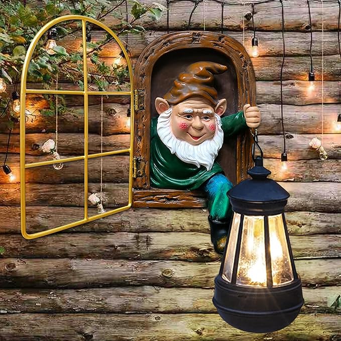 Fairy Garden Garden Gnomes with Solar Lantern Lights - Whimsical Elf Out The Window Yard Decorations Outdoor Tree Hugger Statues, Tree Face Sculpture, Ideal Gnomes Gifts for Patio, Fence, Wall