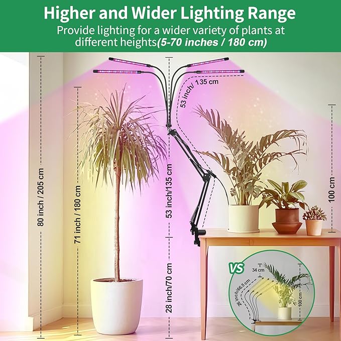 Grow Light for Indoor Plants, Full Spectrum Clip Plant Lamp for Indoor Plants, LED Growing Light with 4 Heads, Flexible Mount, 3/9/12H Timer, 10 Dimmable Level, 3 Spectral Modes