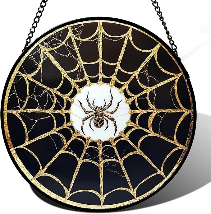 Stained Glass Window Hanging - Black Gold Spider Suncatcher for Door Terrace Garden Home Decor Halloween Sun Catcher Christmas Birthday Gifts for Lovers Women Men Dad Mom Nana 6.3 in