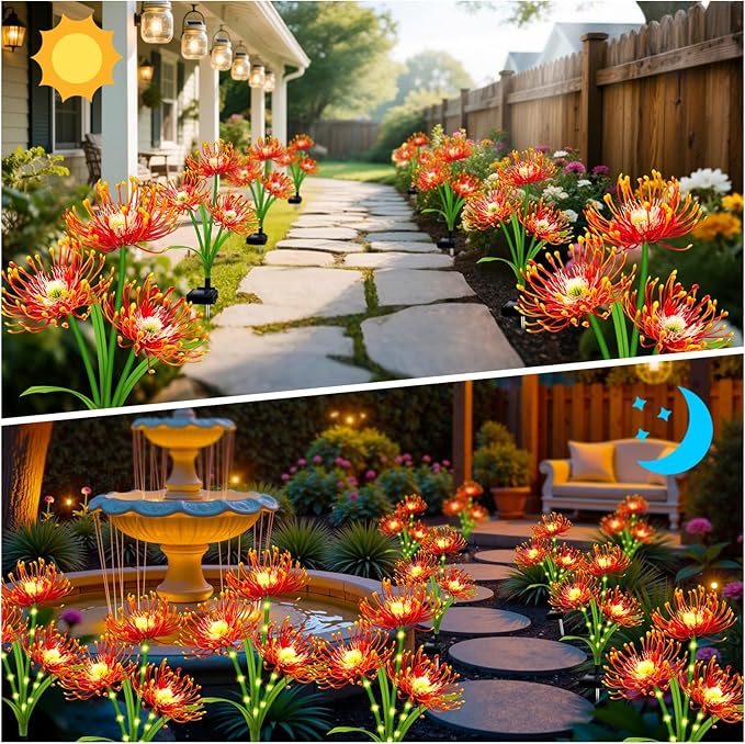Solar Outdoor Lights Orange Spider Lily – 8 Pack 24-Head Waterproof Garden Flower Lights with Glowing Stems,Decorative Solar Powered Yard,Patio &Lawn Decor,Christmas &Gardening Gifts for Women Grandma