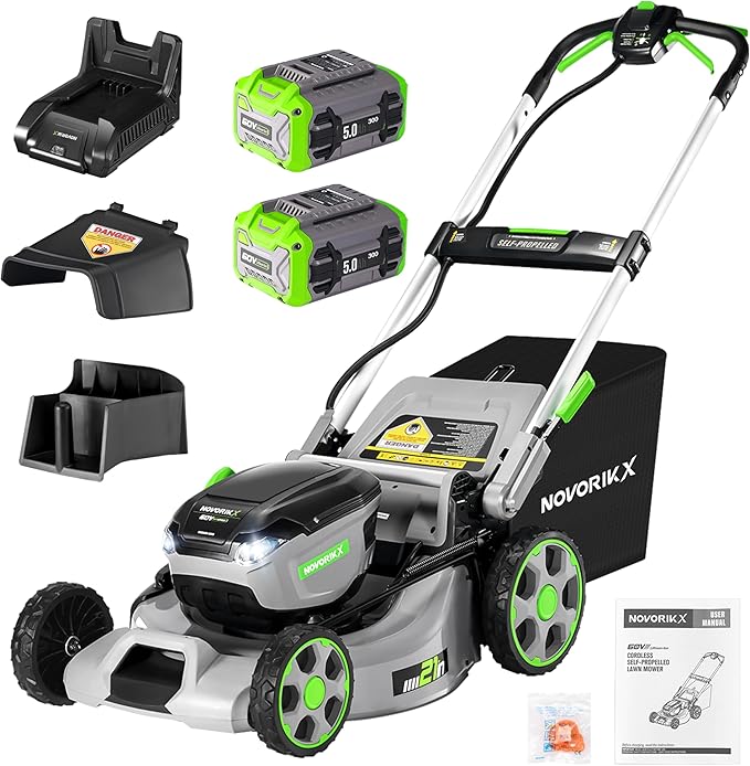 Electric Lawn Mower, Self-Propelled Lawn Mower Cordless (60V 21”), 65 Min Long Runtime with 2X5.0Ah Batteries, Rapid Charger and LED Headlight