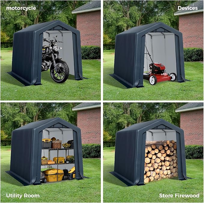 GREEN PARTY Storage Shelter Shed, 6x10 ft Portable Shed Outdoor Carport with Roll-up Zipper Door & Vents, Outdoor Storage Shed Portable Garage for Motorcycle, Bike, Waterproof & UV Protected, Gray