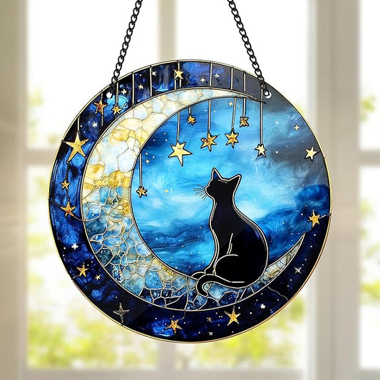 Black Cat Sun Catcher - Black Cat Bending Moon Acrylic Suncatcher Rainbow Maker Stained Acrylic Window Hanging Ornament Indoor Outdoor Decoration Home Garden Decor Chain Pendant Memorial