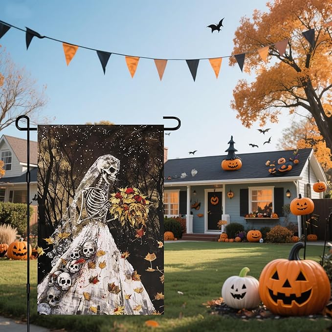 IVN Halloween Garden Flag 12x18 Inch Skeleton Bride Skulls Gothic Spooky Haunted Fall Leaves Forest Double Sided Outdoor Decor Welcome Flag for Yard Home Porch Patio Decorations