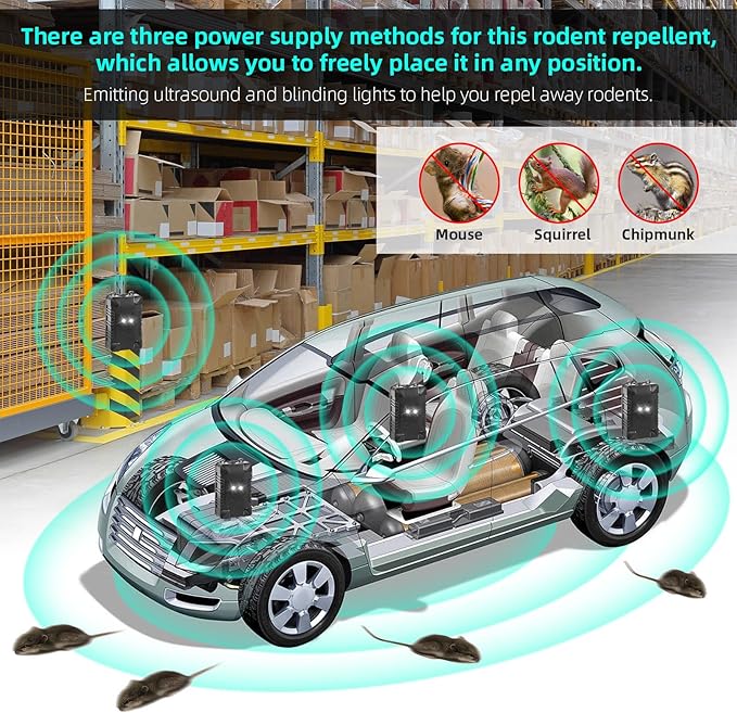 2 Pcs Under Hood Rodent Repeller with Strobe Light & 3 Power Supply Methods, Professional Ultrasonic Mouse Repellent Rat Squirrel Deterrent for 12V Cars Trucks RV Engine Bay Warehouse Attic