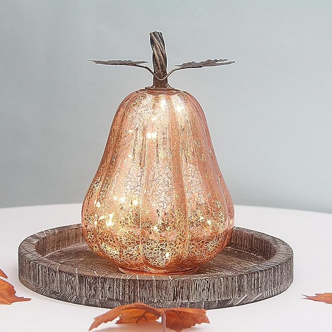 Mercury Glass Pumpkin Lights with Timer, Battery Operated Led Pumpkin Lights for Halloween Fall,Thanksgiving Rustic Decor (Rosegold Leafy, 9")