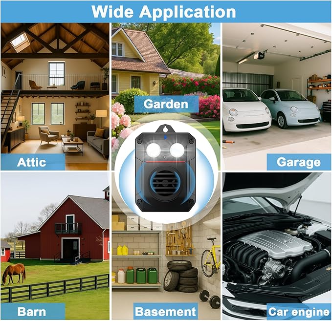 Ultrasonic Rodent Repellent with Strobe Light and Ultrasonic Wave, Effective Mouse Deterrent for Vehicle, Car, Basement, Attic, House and Garden, Keep Mice Away