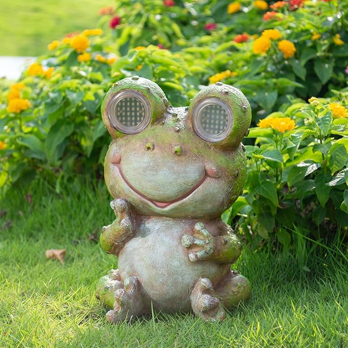Solar Frog Garden Statue with Rotating Blinking Led Eyes Waterproof Resin Outdoor Decor Auto Dusk-to-Dawn Sensor for Patio Yard Garden Unique Birthday Housewarming Gifts for Women Mom Grandma