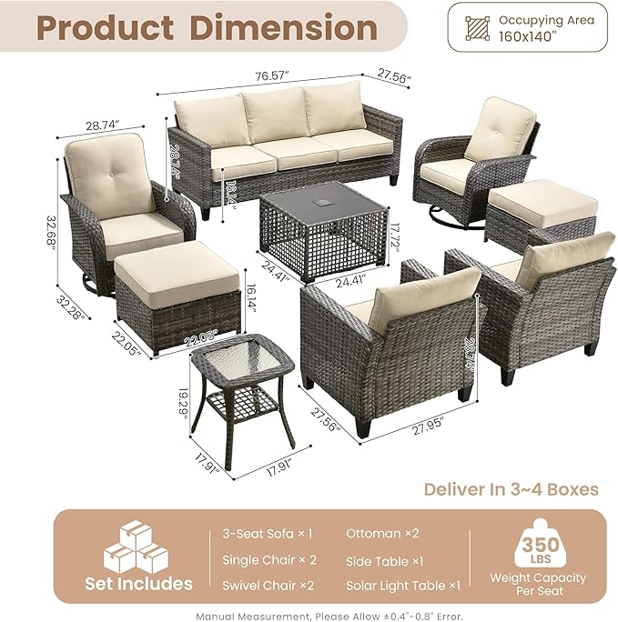 HOOOWOOO Outdoor Patio Furniture Set,9 Pieces Wicker Conversation Set,All Weather Couch Set with Swivel Chairs Solar Light Table Ottoman 9 Seaters for Out Door Yard(Beige)