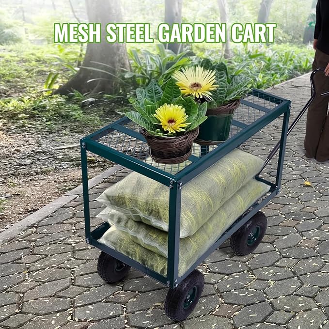 Backyard Expressions 2-Tier Heavy Duty Steel Garden Cart with Mesh Shelves and Pneumatic Wheels – Utility Wagon for Lawn, Yard, Landscaping & Outdoor Projects