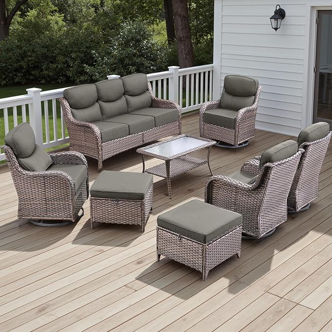 Wicker Outdoor Patio Furniture Set - 8 Piece Patio Conversation Sets with Swivel Rocker Chairs, Ottomans, Sofa and Table, 6 inch Cushions, Deep Seating, for Porch Deck Brown/Grey