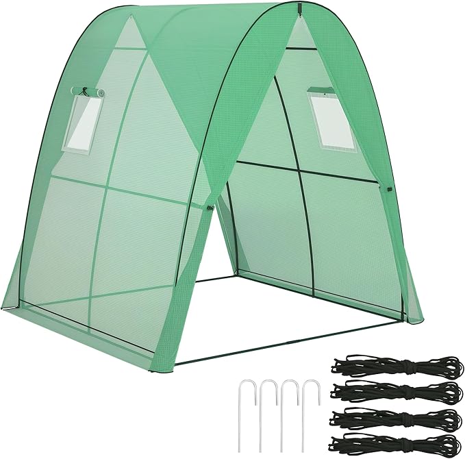Outsunny 6' x 6' x 6.6' Hoop House Greenhouse with Sandbags and Hemmed PE Cover, Walk-in Tunnel Green House with 2 Doors and Screen Windows, Portable Greenhouse Gardening Plant Hot House, Green
