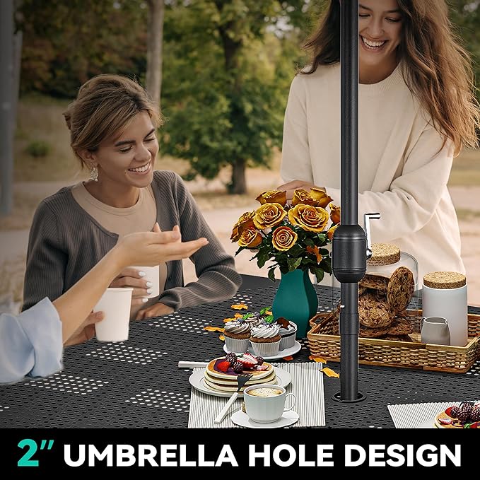 YITAHOME Metal Picnic Table, Powder Coated Outdoor Picnic Table with Heavy-Duty Steel Frame, Adjustable Seats & Umbrella Hole for Yard, Patio, Lawn, Party, Black, Square