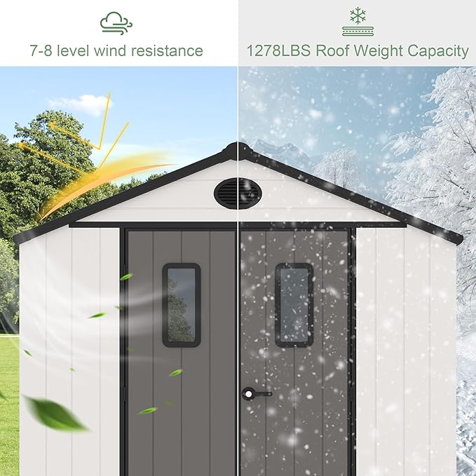 8' x 8' Outdoor Resin Storage Shed with Floor,Galvanized Metal Waterproof Garden Shed with Lockable Door, Windows, Vents, Plastic Tool, Bike Storage for Patio Furniture, Lawn Mower