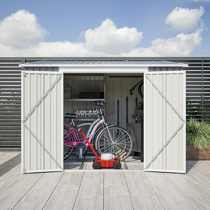 8x6FT Outdoor Storage Shed with Floor & 2 Lockable Doors,Metal Tool House W/ 2 Air Vents & Slpoed Roof,All Weather Waterproof Heavy Duty Stroage Unit for Backyard,Patio,Lawn,Garden,Gray