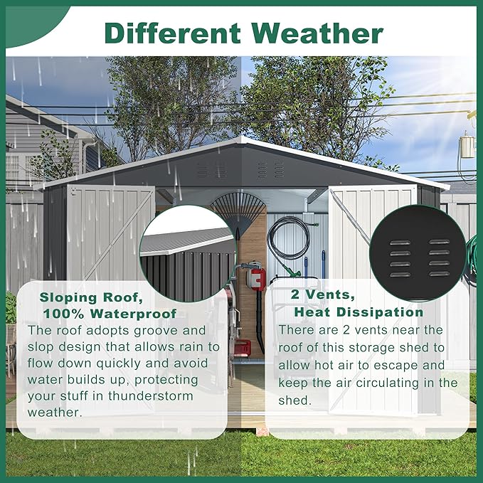 Outdoor Storage Shed, 10x12 FT Galvanized Steel Metal Shed, Lockable Waterproof Tool Storage Sheds for Garden, Patio, Lawn – Durable Storage Solution in Multiple Sizes