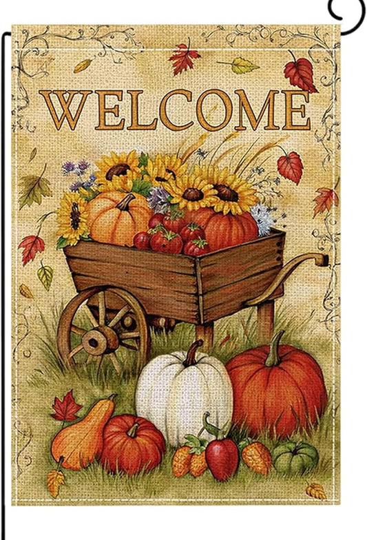 Fall Garden Flag 12 x 18 Inch Double Sided Welcome Pumpkin Sunflower Maple Leaves Farm Designs Autumn Burlap Yard Flag for Outside Rustic Yard Outdoor Holiday Home Decoration