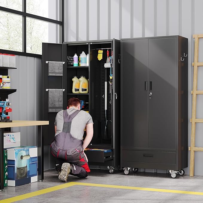 Broom Closet Storage Cabinet with Wheels and Drawer,Garage Storage Cabinet with Magnetic Doors,Pegboard and Adjustable Shelves for Garage Home Office,Required Assembly,Black