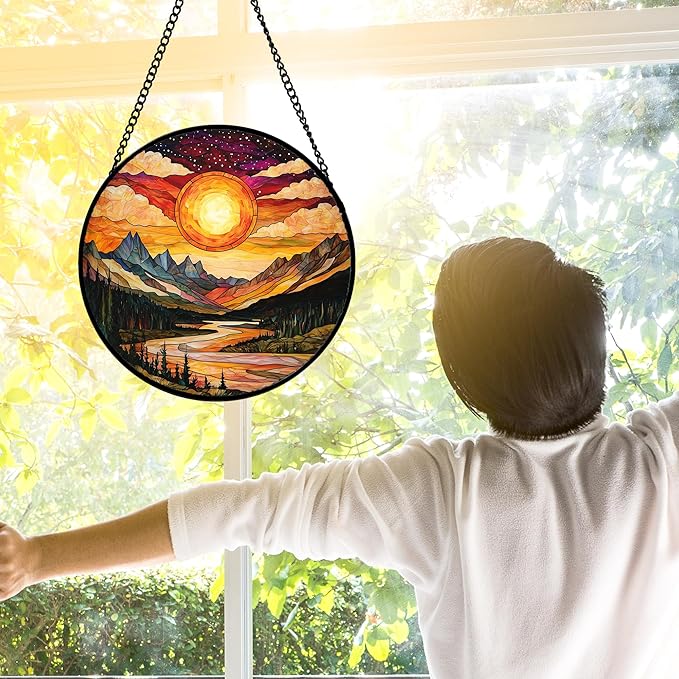 Stained Glass Window Hanging, Dusk Sunset Landscape Sun Catchers Glass Panel Lakes and Mountains Suncatcher Decor for Birthday for Women, Men, Wife, Aunt, and Mom 11.8x11.8 in