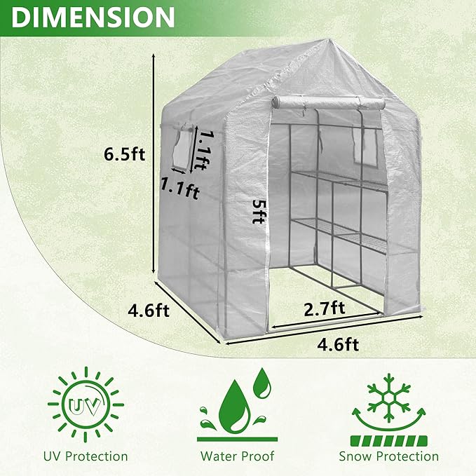 56" x 56" x 77" Portable Walk-in Greenhouse with Windows, Shelves and Anchors, Indoor Outdoor Greenhouse with Watering System, Zippered Door and Windows, PE Cover, White