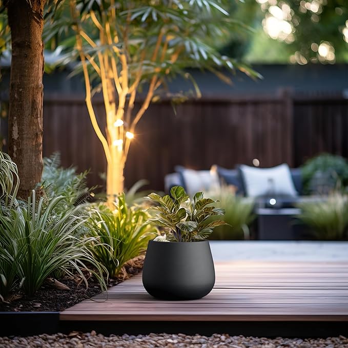 Kante Curva Series Planter, 10.2 Inch Round Concrete Flower Pot with Draiange Hole and Rubber Plug, Suitable for Indoor Plants, Home, Garden, Patio, Black